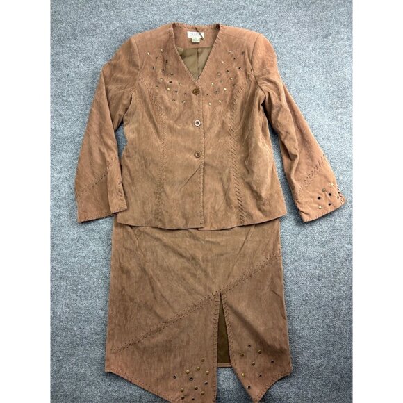 Selene Sport Jacket Skirt Set Women's 12 Brown Faux Suede Button Up Embellished - Picture 1 of 11